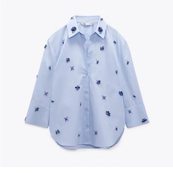 ZARA JEWEL POPLIN SHIRT AND PANTS BLUE SIZE M - Picture 6 of 7